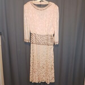 D'ore Vintage Roaring 20s Style 100% Silk Bugel Beaded Mid Dress Pink Jacquard 6